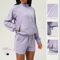 Ensemble athlétique texturé deux pièces pour femmes, veste à manches longues + short pour la salle de sport, le yoga, le jogging, le quotidien et les loisirs