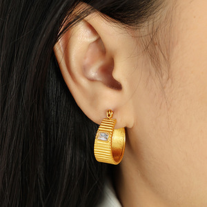 Hoop Earrings Gold Plated <b>Titanium</b> Steel Green White Glass Bezel Setting Everyday Wear Geometric Design EH154 - Product Image 3