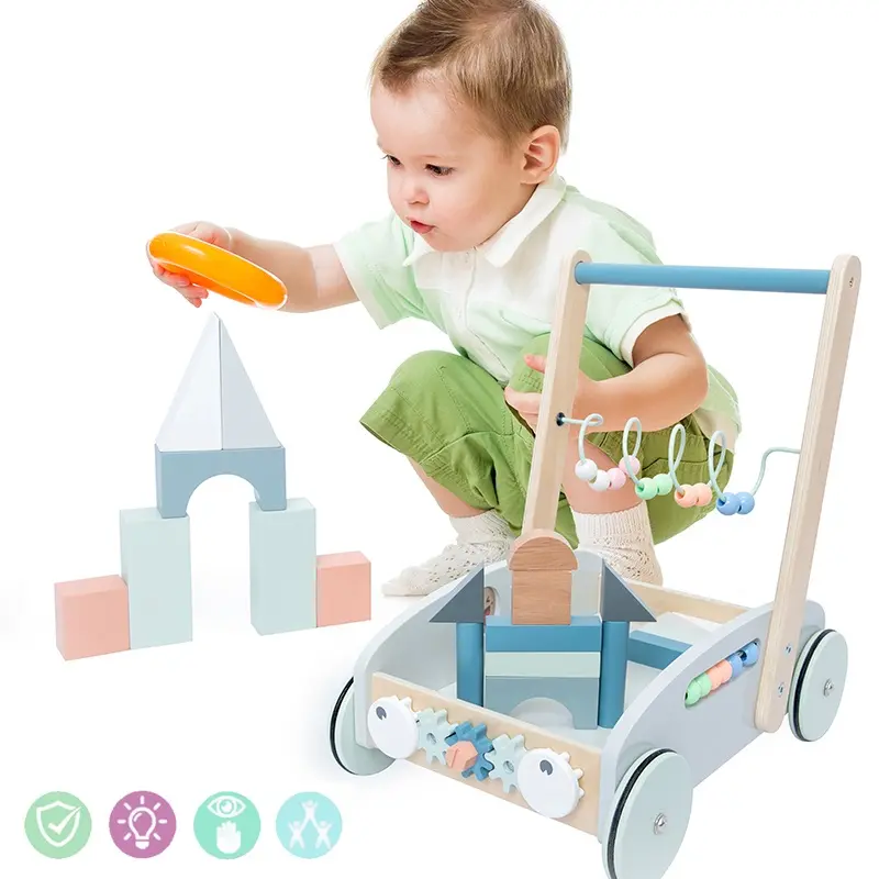 Houten Rollator Baby Kinderen Kar Lopen Peuter Anti-Rollover Trolley Multi-Functionele Baby Bouwstenen Speelgoed