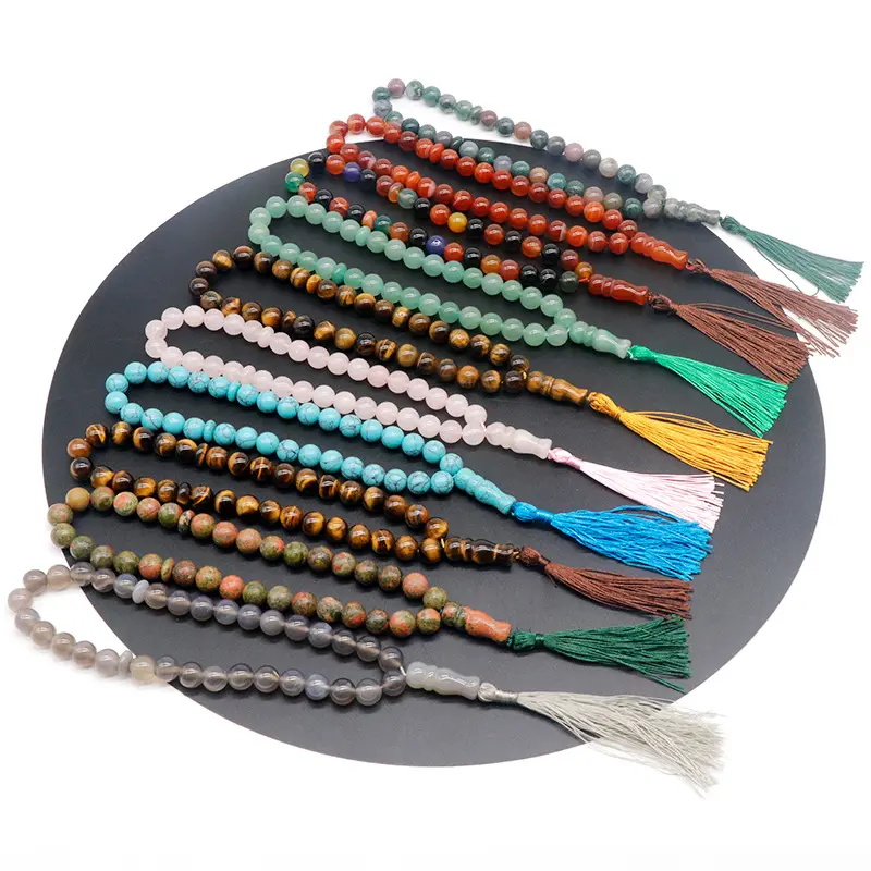 Wholesale 33pcs 10mm Islamic Prayer Beads Tasbih Muslim Prayer Beads Rosary Natural Stone Beaded Bracelet With Spacer Tassel