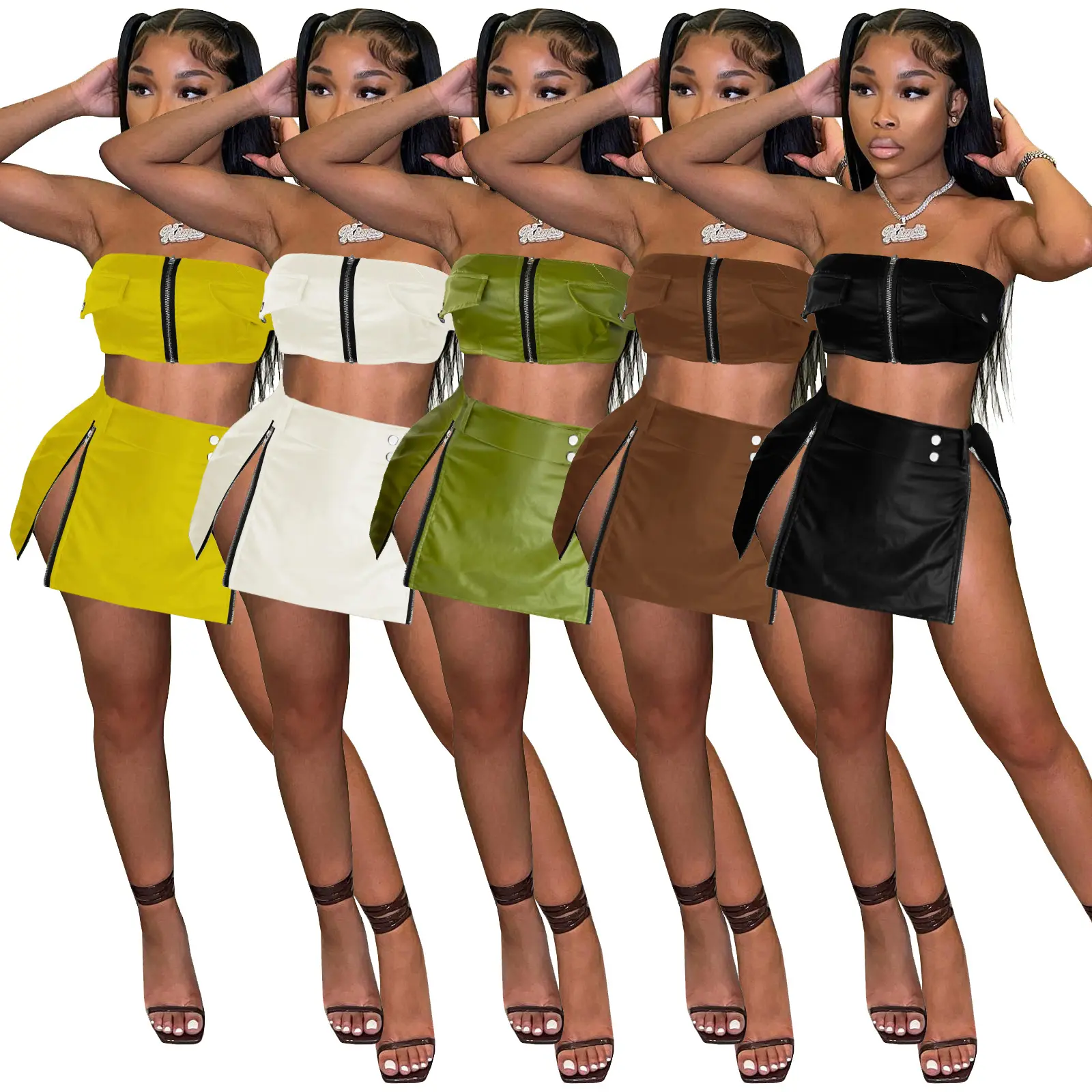 Sexy Dress 2 Two Piece Sets Women Skirt Sleeveless Strapless Crop Zipper Top+Mini Skirts Pu Leather Sets