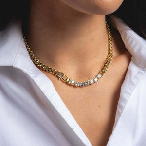 Gold Plated Zircon Cuban Link Chain Necklace Trendy Hip Hop Jewelry for Women Party Daily Wear - Product Image 5