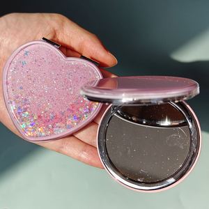 Luxury Heart Shape Pocket <b>Compact</b> <b>Makeup</b> Mirror Small Double Sided Silver Mirror Shiny Glitter Spark Cute Mirrors - Product Image 1