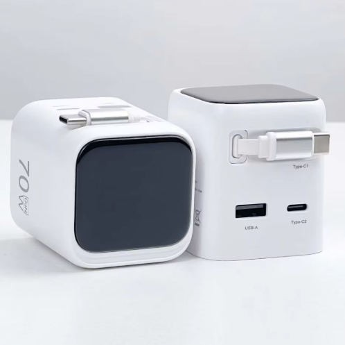 Retractable Cable Cube Charger 65W 70W GaN Fast PD Charging Foldable US EU Plug for Laptop Phone Premium Travel Gadget Hot Sale