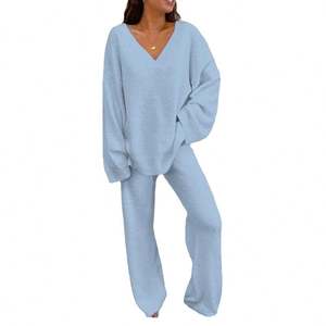 Conjunto de ropa de descanso informal de dos piezas con cuello en V para mujer, transpirable, de bambú, XL, Color sólido, cintura elástica, nuevo comercio transfronterizo al por mayor - Product Image 5