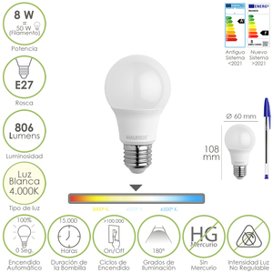 Lampadina LED standard E27 a innesto. 8 Watt. Equivalente a 65 Watt. 806 Lumen. Bianco Neutro (4000K) - Product Image 1