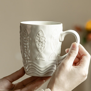 Retro Embossed Fish Ceramic Mug, Vintage Distressed <b>Large</b> Capacity Coffee <b>Tea</b> Water <b>Cup</b> <b>for</b> Home Wholesale - Product Image 3