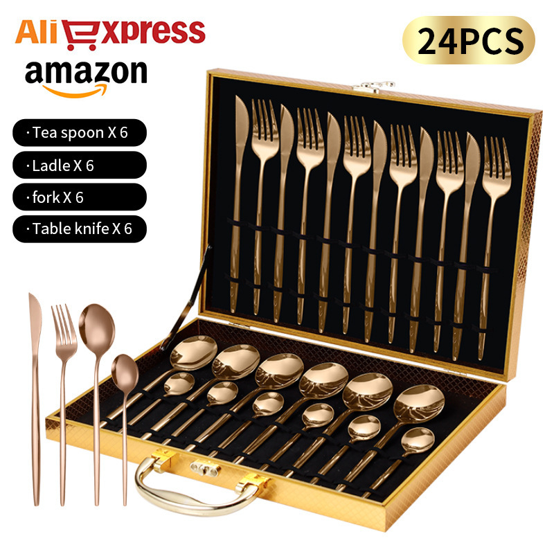 24pcs Custom Logo Eco-Friendly Modern Restaurant Tableware Flatware Spoon Fork Knife Wedding Cubiertos Gold SS304 Stainless Set · image 3