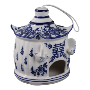Casetta per uccelli in ceramica da appendere, decorazione per finestra da giardino, design blu e bianco - Product Image 2