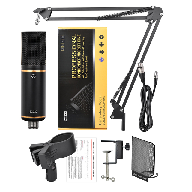 ZX330 New 48V XLR Mic Professional Studio Recording Equipment Condenser Microphone for Laptop Broadcasting Phone Tablet Desktop