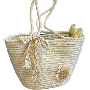 Sac fourre-tout tissé à la main en corde de coton avec broderie décorative, grande capacité, sac de plage et de voyage pour femmes - Product Image 5