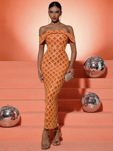 Abito da sera a sirena <span class=keywords><strong>arancione</strong></span> con paillettes e spalle scoperte, con motivo a squame, aderente, per feste formali, cocktail o serate di gala - Product Image 6