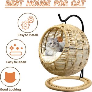 Cuccia per Gatti in Vimini per Interni ed Esterni, Letto Oscillante Fatto a Mano con Cuscino Rimovibile e Pallina Sospesa, Altalena Lavabile per Gatti - Product Image 6