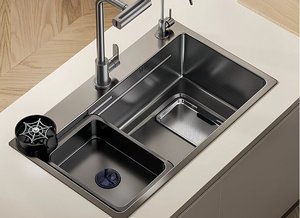 Évier de cuisine en acier inoxydable 304 épaissi de 5 mm, cuve simple avec <span class=keywords><strong>collecteur</strong></span> de déchets, installation en montage supérieur ou encastré - Product Image 2