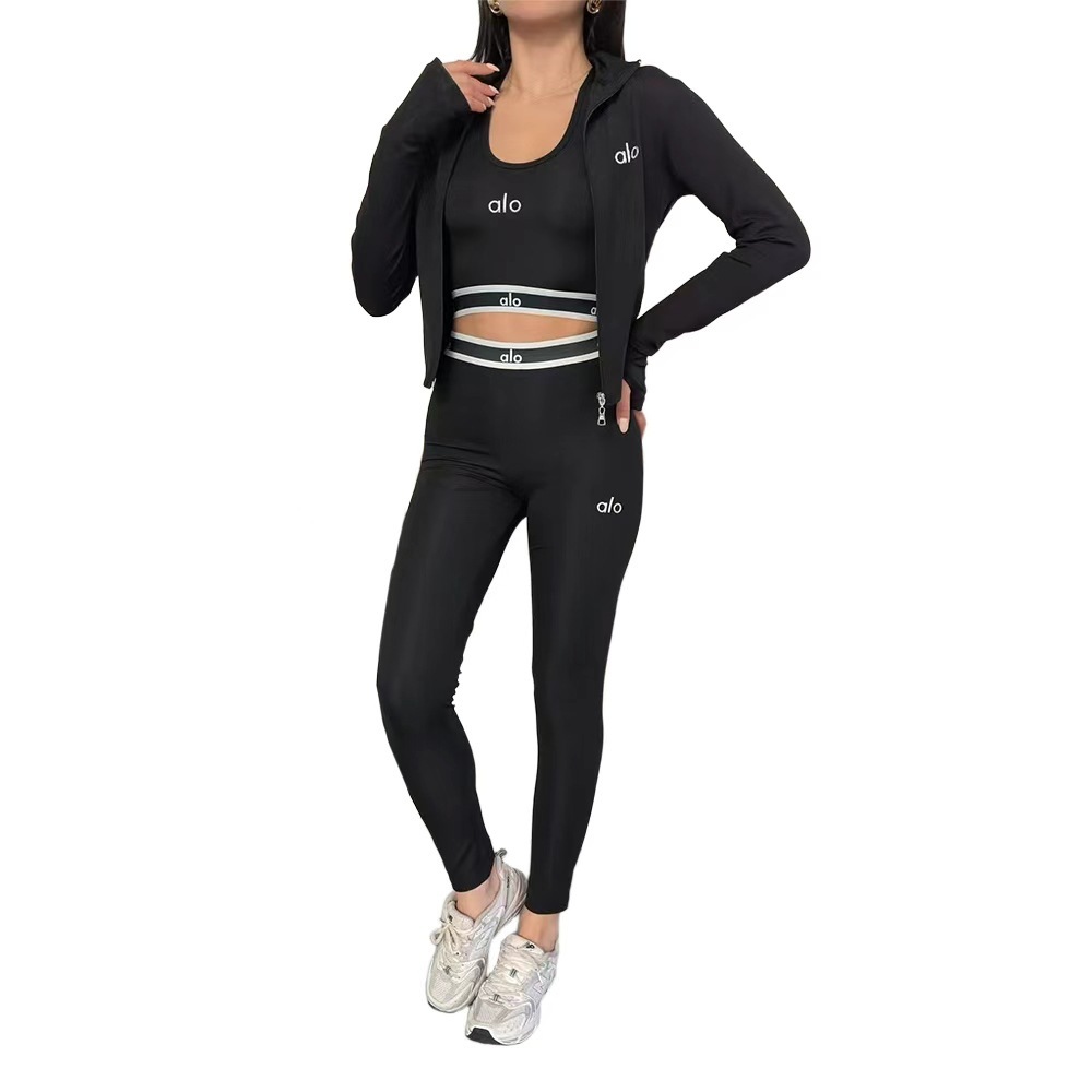 DD0179 Women's Fashionable Casual Sportswear Running Yoga Outfit Solid Embroidered Breathable Three-Piece Set