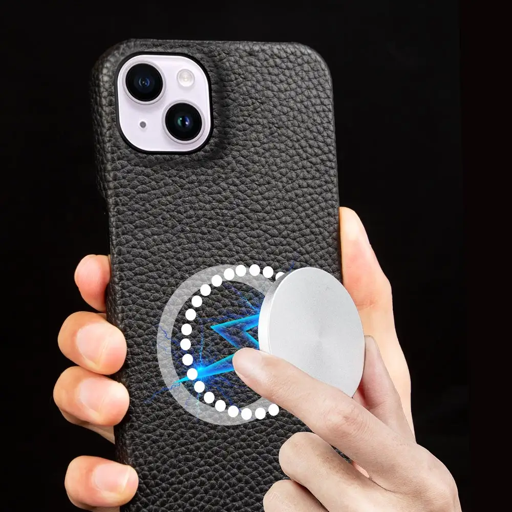 Casing kulit kerikil warna-warni kelas tinggi penutup casing keras kulit asli dengan fungsi pengisian ajaib untuk Iphone 15 Promax
