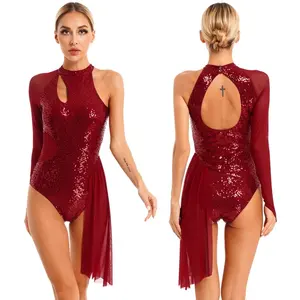 Womens Figure Skating Dress Glitter Sequins Leotard One Shoulder Sheer Mesh Long Sleeve Halter Dance Dresses