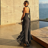 Robe Chic Personnalisée Halter Sans Manches à Pois Noire Robe d'Été Élégante à Volants Décontractée Robe de Soirée Élégante pour Femme