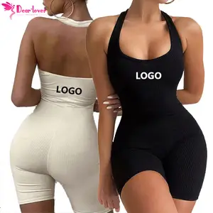 Dear-Lover Custom Logo Women Solid Halter Backless Short Sport Active Wear Gym Workout Romper One Piece Yoga Jumpsuit