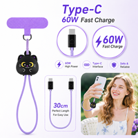 Kabel Pengisian Cepat 60W Custom IP Hidden Black Cat dengan Tali Pergelangan Tangan Anti-Hilang USB C ke Type C Portabel Cat 60W Fast Charging Cable