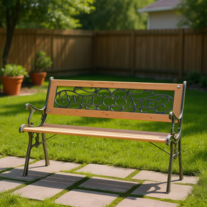 Banc de jardin en bois de sapin massif 48 pouces avec structure en fer forgé, style antique, mobilier de patio extérieur, design traditionnel, dossier confortable - Product Image 2