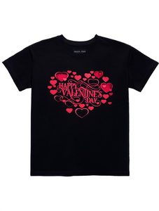 T-shirt da donna nera con stampa a cuore per San Valentino, girocollo, manica corta, top casual, materiale morbido, vestibilità rilassata - Product Image 1