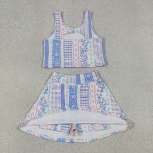 ชุดโยคะเด็กผู้หญิงแขนกุดลายดอกไม้สีชมพูฟ้าพร้อมโบว์ รุ่น GSD1995 rts Little active girl ขายส่งสำหรับเด็กผู้หญิงช่วงฤดูร้อน - Product Image 3