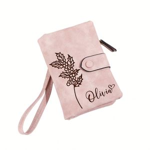 Cartera de Cuero PU Impermeable Clásica con Nombre Personalizado, Grabado Láser, Diseño de Flor de Nacimiento, para Mujer - Product Image 1