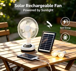 Ventilateur de circulation d'air électrique sur pied rechargeable solaire avec LED, idéal pour cadeau, avec fonction de retour et de remplacement, alimenté par deux sources solaires - Product Image 1