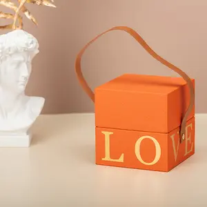 Kotak Teleskopik Kustom Oranye Mewah Kotak Kertas Bertekstur Buatan Tangan Kotak Manset Persegi Kecil dengan Pegangan