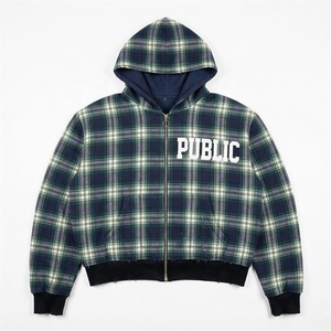Sweat-shirt à capuche zippé personnalisé à carreaux pour homme, style streetwear oversize décontracté, en coton imprimé, coupe courte et effet vieilli pour l'automne - Product Image 1