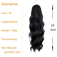 Queue de cheval longue ondulée en fibre haute température avec cordon de serrage et clip pour femme, noir naturel, vente en gros