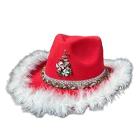 Chapeaux de cowboy en feutre rouge personnalisés en gros, avec plumes et cannes à sucre, pour fêtes de Noël et de fin d'année pour adultes