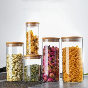 High Borosilicate Glass Airtight <b>Storage</b> Jars With Wooden Lids Cylinder Shape For Kitchen Food Tea Pasta Spices - Product Image 1