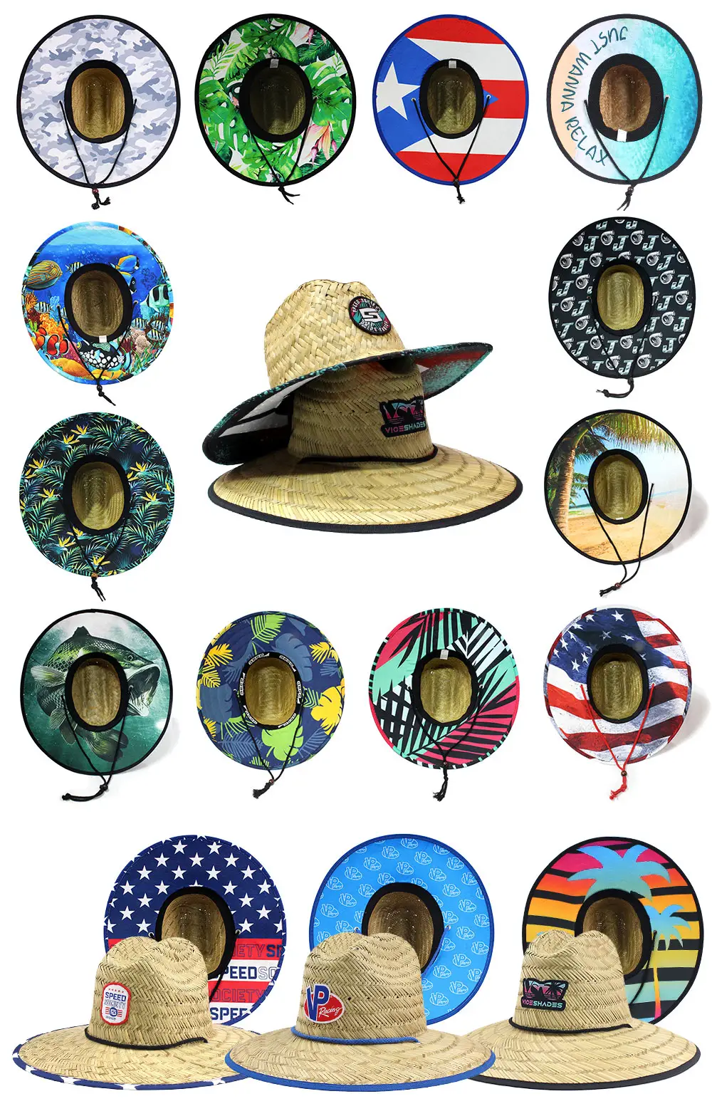 Benutzer definiertes Logo Hohl Sonnens trohhüte American Big Brim Surfing Rettungs schwimmer Natürliche Marke Summer Beach Frauen Männer Rettungs schwimmer Strohhut