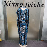 Nouvelle Robe de Soirée et de Vacances Tendance pour Femme, Ample et Oversize, en Coton, Grande Taille, avec Strass, Imprimé Africain Bleu Nigérian, Style Écharpe Ethnique Boubou