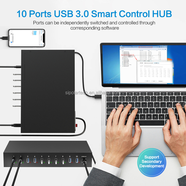 Industrial Metal 10 Port USB 3.0 Hub with Ear Mount and Short Circuit Protection