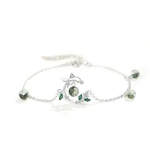 Chinese hign end 925 silver jewelry set bracelet girl 925 sterling silver tree vine natural green ghost stone gemstone bracelet