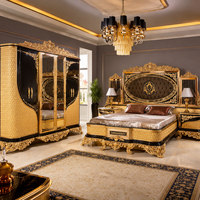 Lit King Size en Bois Massif Sculpté à la Main avec Feuille d'Or Haut de Gamme, Style Européen Traditionnel Turc, Ensemble de Meubles de Luxe pour Chambre Principale