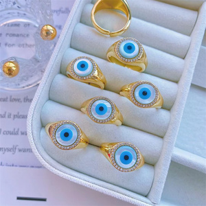 Bague Mauvais <span class=keywords><strong>Yeux</strong></span> Plaqué Or 24K Micro Pavé Zircone Bleu Oeil <span class=keywords><strong>Grec</strong></span> Cristal Coquillage Perle Bonne Chance Bijoux Femmes Cadeaux De Mode - Product Image 1