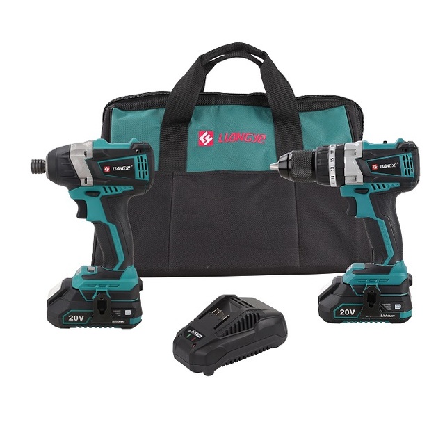 LIANGYE 20V Brushless Cordless Combo Kit 200Nm Impact Driver & 55Nm Hammer Drill Set 2* 2.0Ah Batteries 1*charger