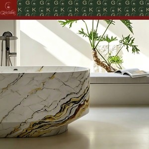 Bañera Ovalada Independiente de Mármol Dorado para Penthouse de Lujo GOLDKING, Borde Esculpido, OEM, CNC, Vetas Alineadas, Pulida - Product Image 5