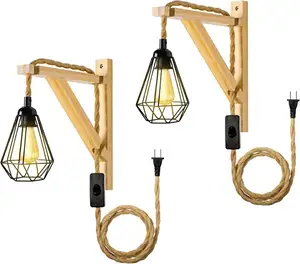 Farmhouse 2 Sets Plug in Pendant Light Cord wooden wall bracket and lamp cord Hanging Wood Triangle Sconce Bracket