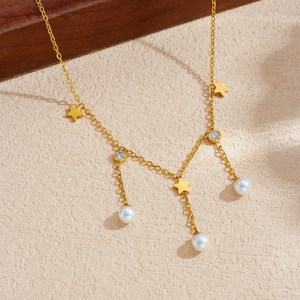 Faux Pearl Gold Plated Chain Star Clavicle Necklace With Tassel Daily Wear Gift Jewelry - Product Image 2