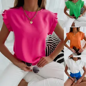 2022 Summer Women Blouses Casual Round Neck Basic Pleated Puff Sleeve Shirt Fashion Solid color Red White Green White Tops