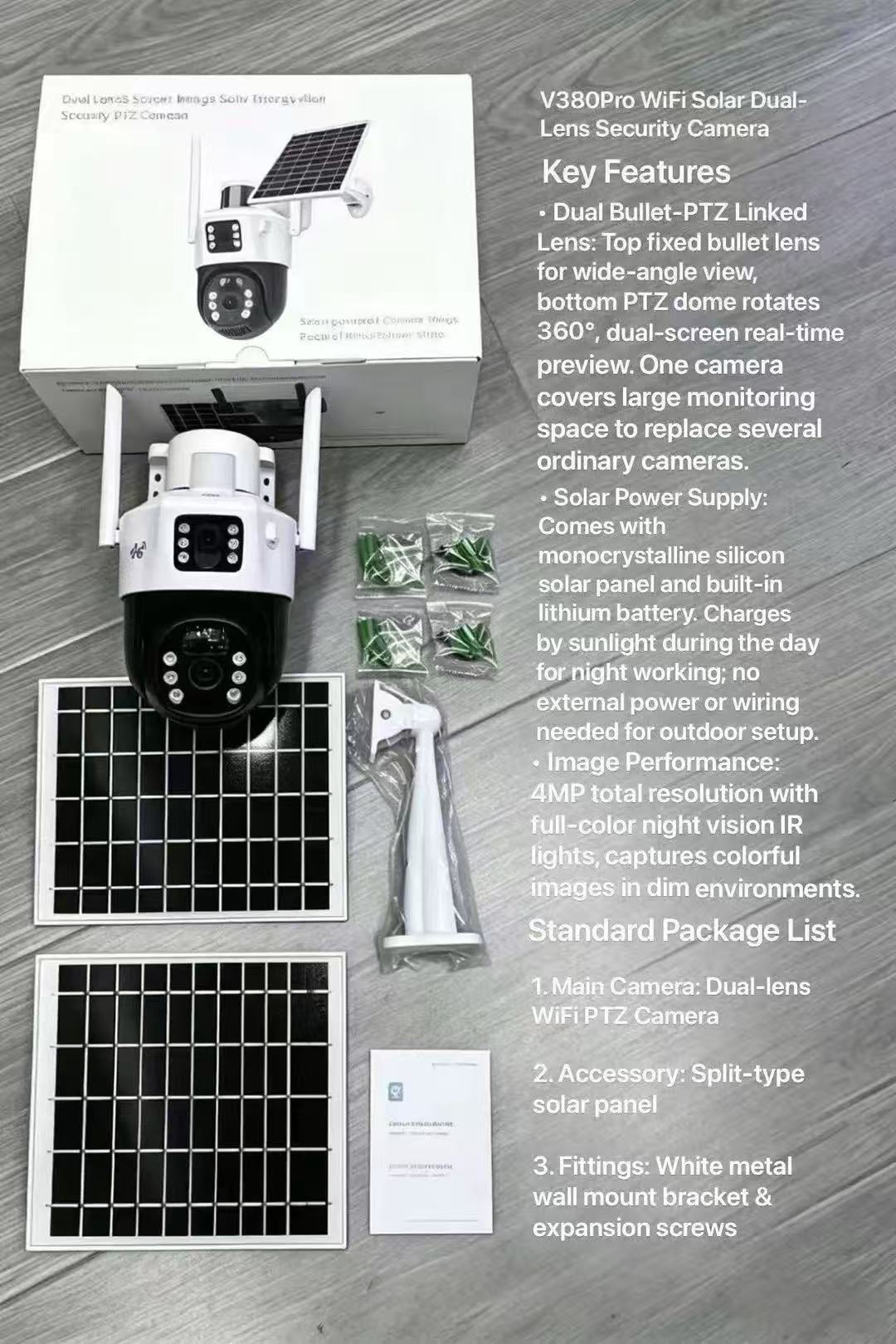 4MP Dual-View Solar Security Camera Outdoor Wireless WiFi CCTV with PIR Motion Detection, V380 Pro App Remote Access, Two-Way Audio & Night Vision - View 2