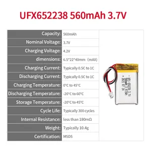 Lipo hücre fabrika OEM Bluetooth kulaklık pil UFX 652238 560mAh 3.7V Mini şarj edilebilir pil