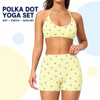 Ensemble de yoga pour femmes avec logo personnalisé, motif à pois bleus, soutien-gorge de sport et short de fitness, tenue de loisirs contrastante