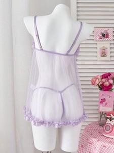 Ensemble de lingerie babydoll sexy en maille transparente avec string, nœud papillon, bretelles spaghetti et bordure en dentelle, tenue de nuit intime douce pour femme, vente en gros - Product Image 5