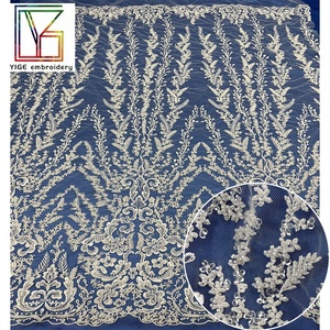 Chất lượng cao trắng 3D lưới thêu đính cườm sequin ren vải sang trọng pháp Bridal hạt vải tuyn ren vải cho váy cưới - Product Image 1